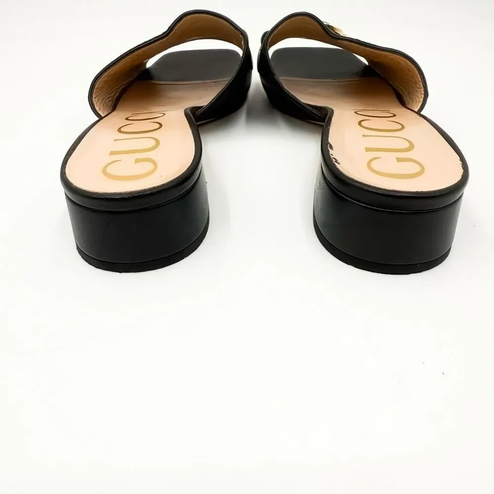 Gucci Zumi GG Horsebit Slide Sandals Black Mules EU 37.5 US 7.5